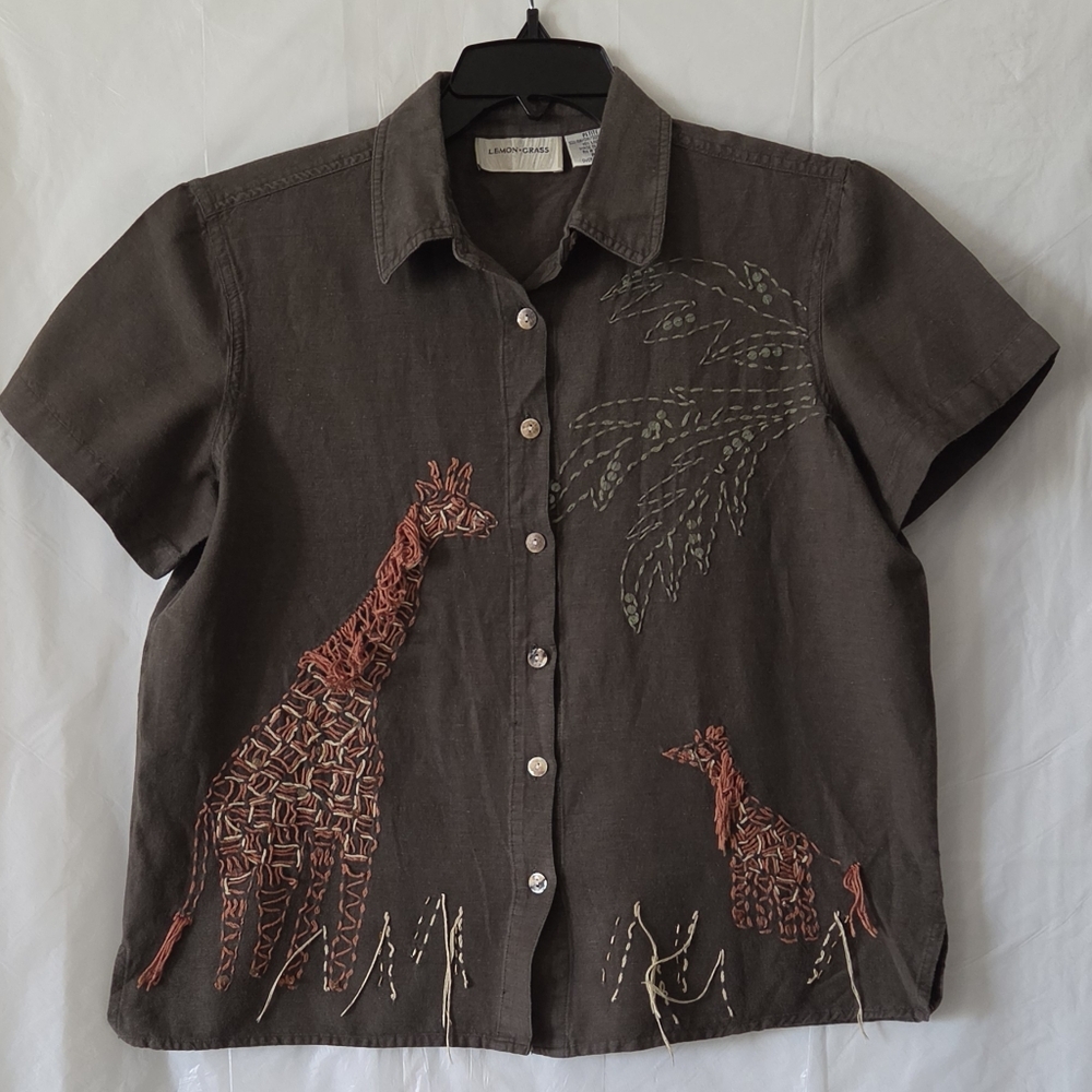 Embroidered Giraffe Short-Sleeve Button-Down Shirt - Brown